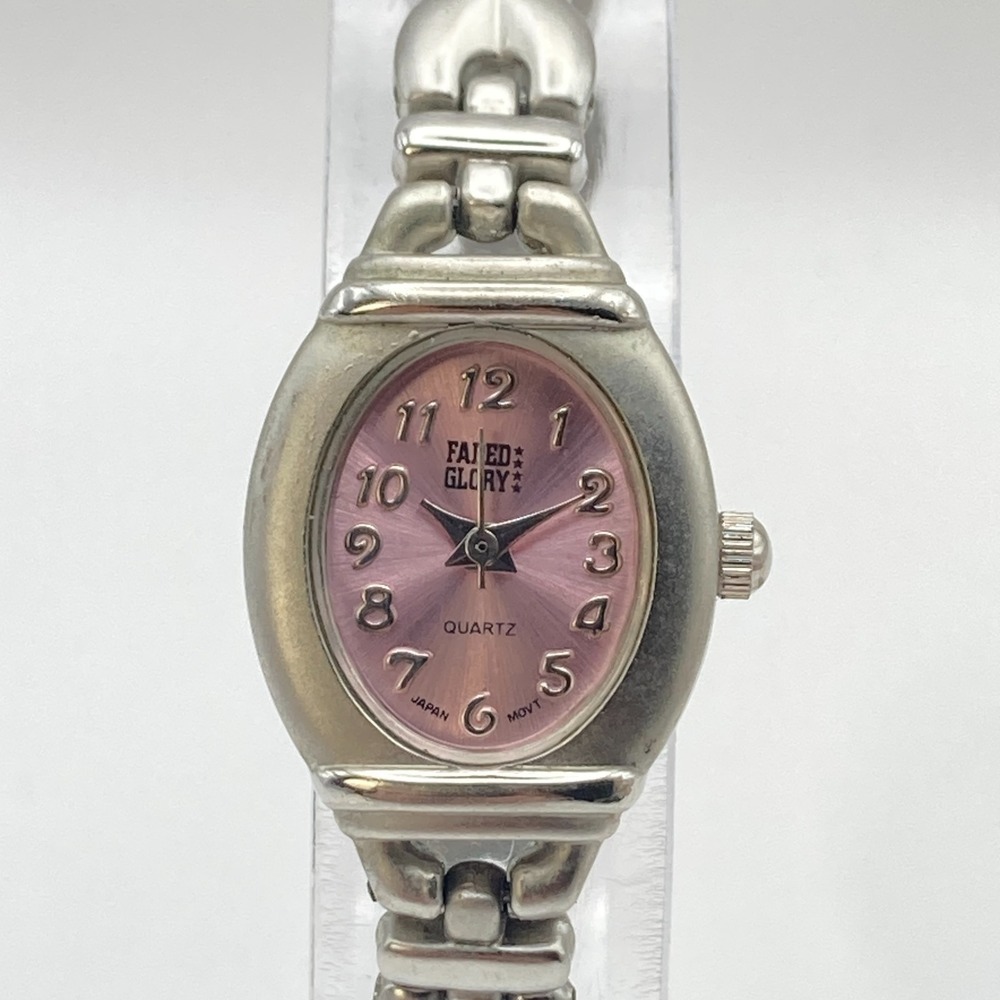 Vintage Faded Glory Women's Watch Matte Silver Tone Pink Oval New Battery 6.5"